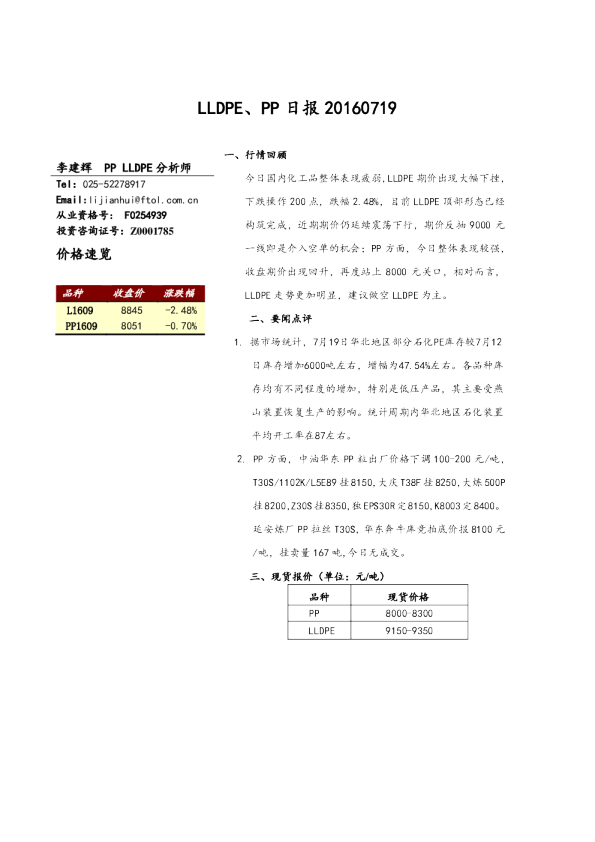 LLDPE、PP日报