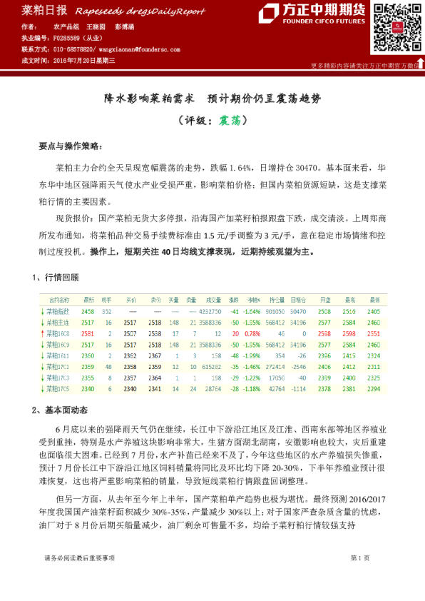 菜粕日报：降水影响菜粕需求 预计期价仍呈震荡趋势
