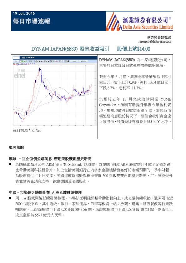 每日市场速报：DYNAM JAPAN(6889)股息收益吸引,股价上望$14.00
