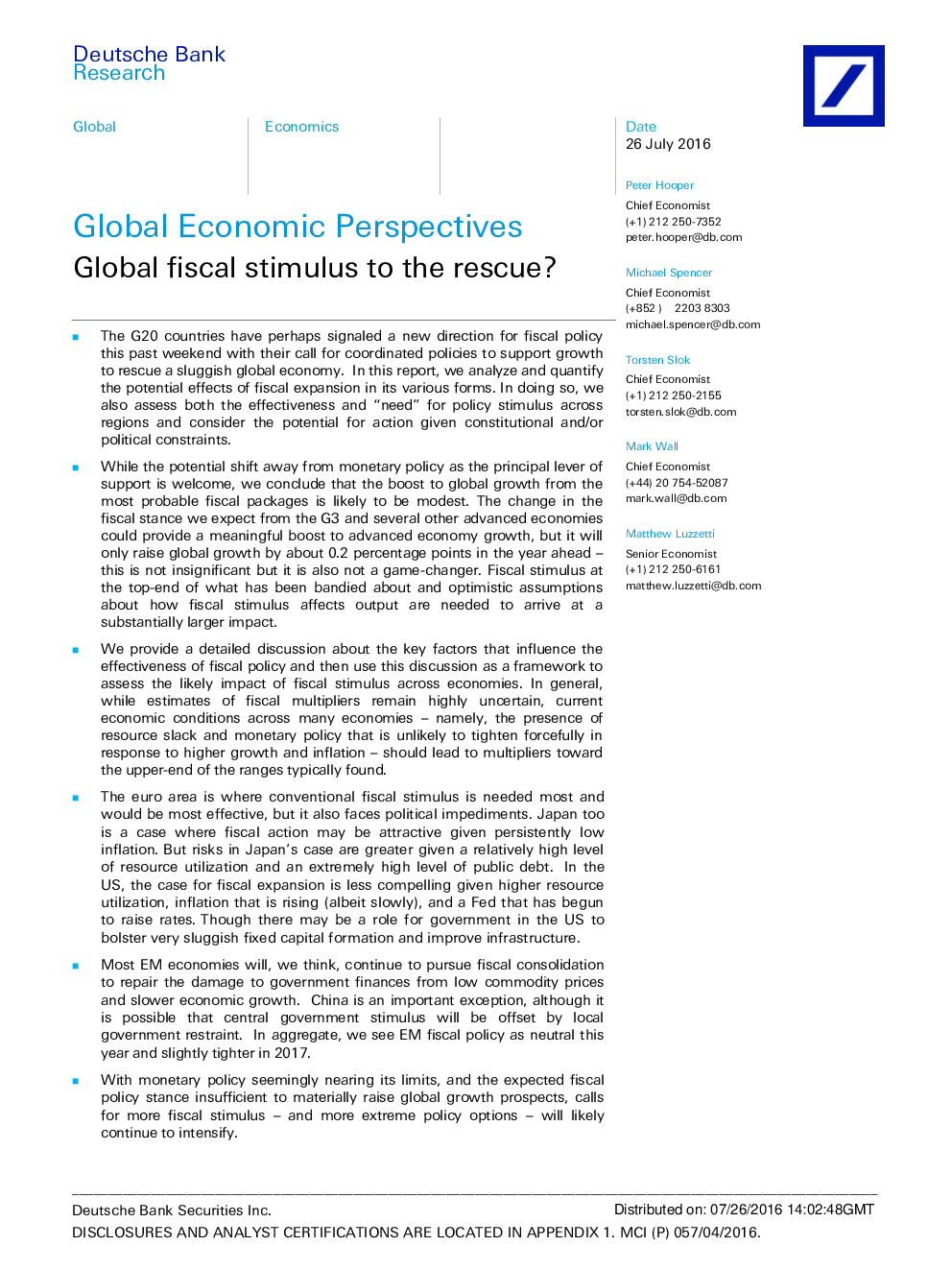 Global Economic Perspectives：Global Fiscal Stimulus To The Rescue？