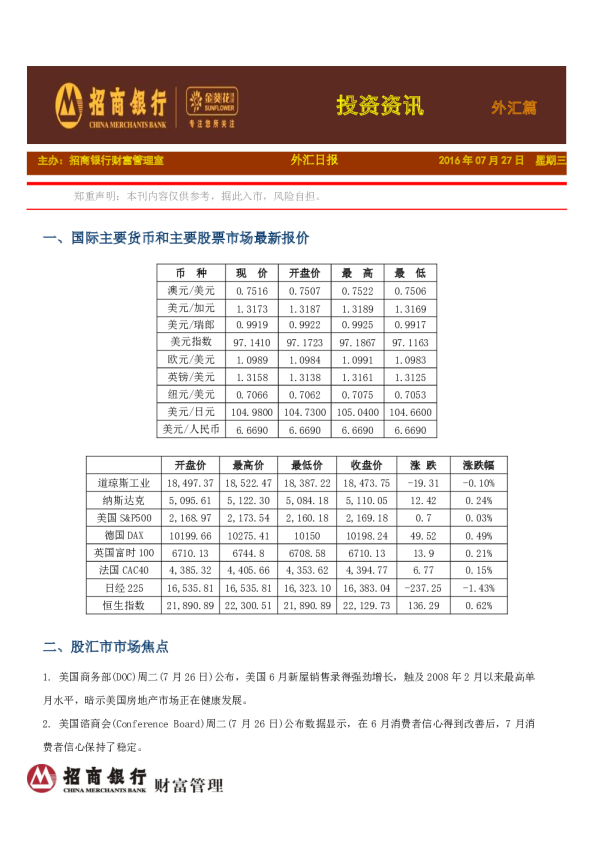 投资资讯外汇篇：外汇日报