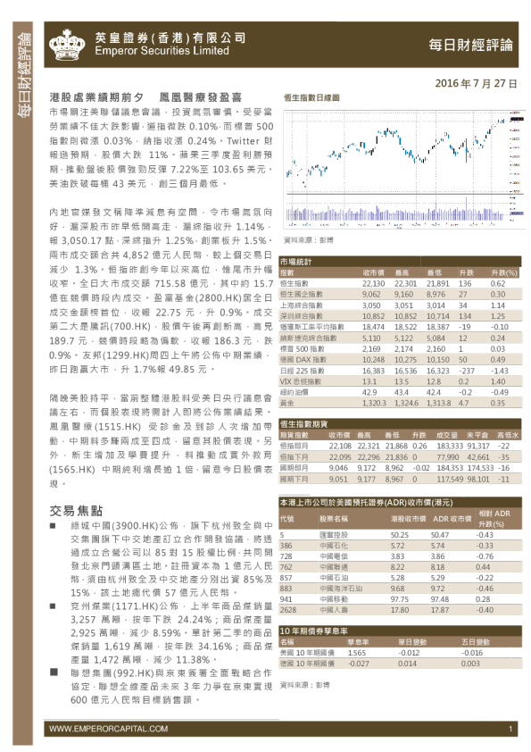 英皇证券每日财经评论