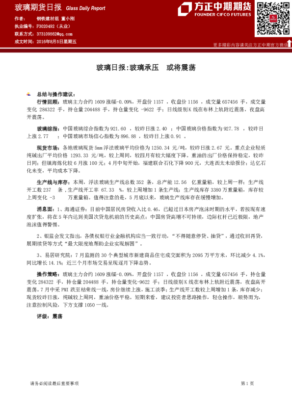 玻璃日报：玻璃承压 或将震荡