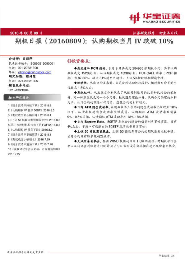 期权日报：认购期权当月IV跌破10%