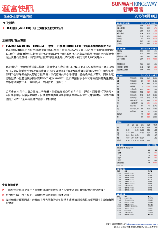 香港及中国市场日报