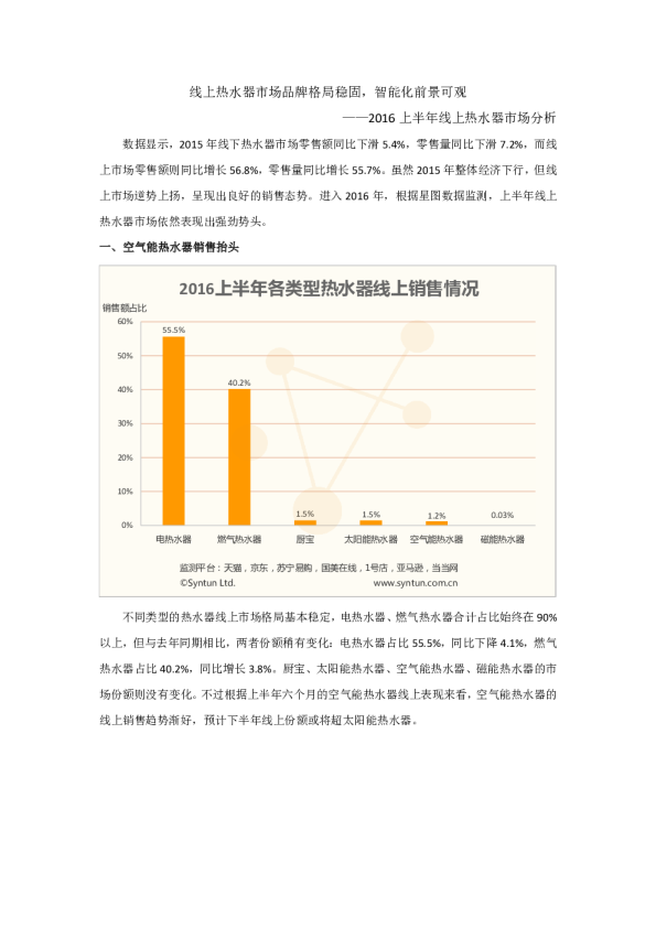 线上热水器市场品牌格局稳固，智能化前景可观