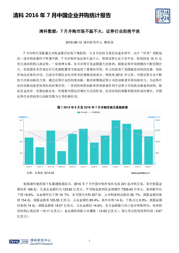 清科2016年7月中国企业并购统计报告：7月并购市场不温不火，证券行业拒绝平淡