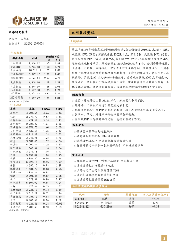 九州证券晨报资讯