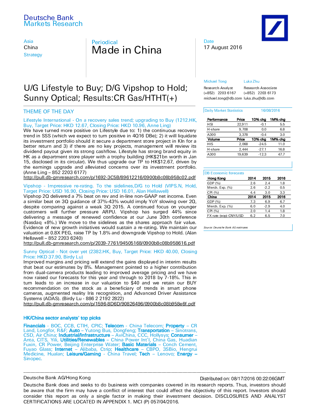 U / G生活方式购买； D / G Sunny Optical；结果：CR Gas / HTHT（+）