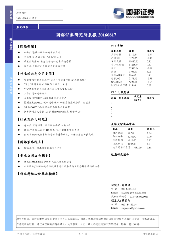 国都证券研究所晨报