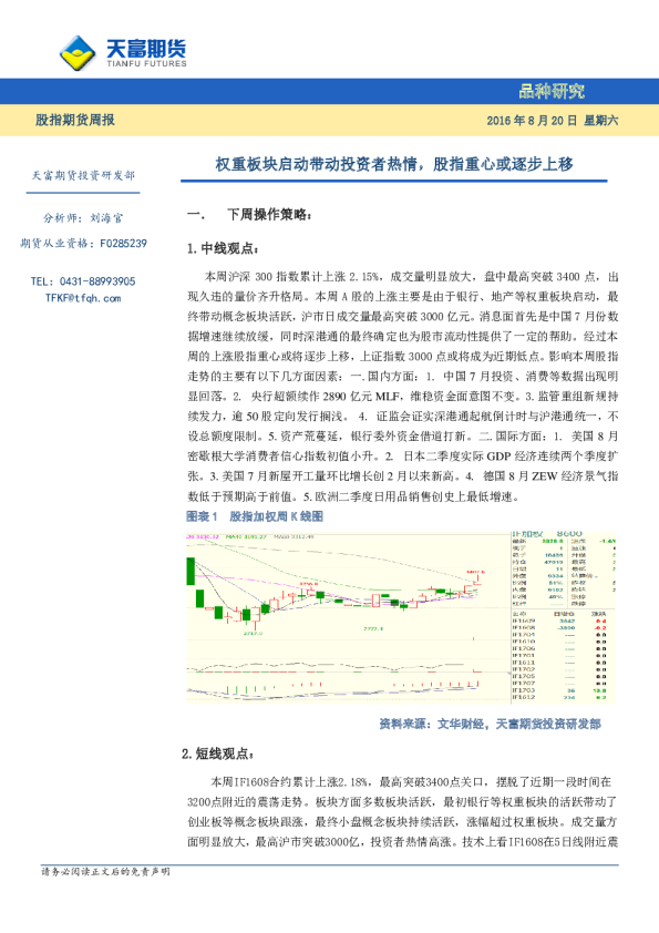 股指期货周报：权重板块启动带动投资者热情，股指重心或逐步上移