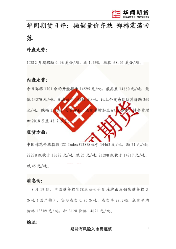 抛储量价齐跌 郑棉震荡回落