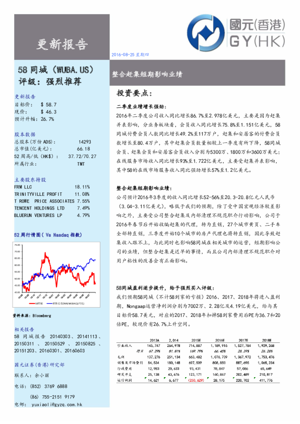 58同城：整合赶集短期影响业绩