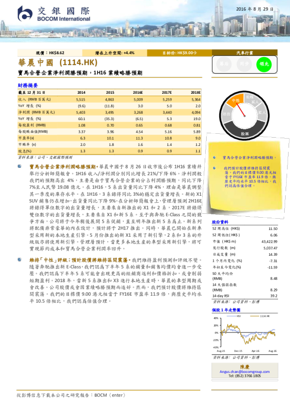 宝马合营企业净利润胜预期，1H16业绩略胜预期