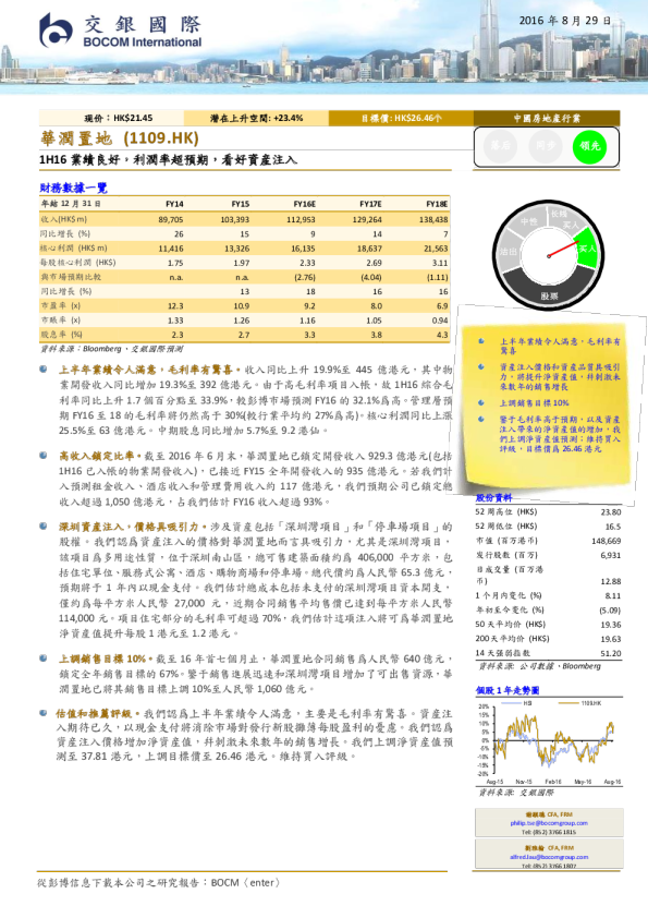 1H16业绩良好，利润率超预期，看好资产注入