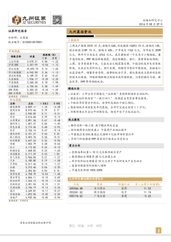 九州证券晨报资讯