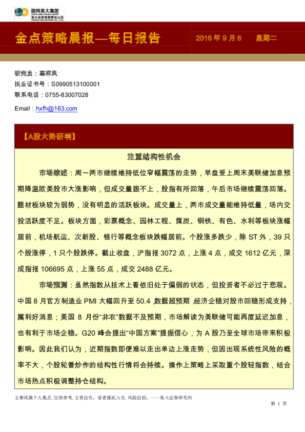 金点策略晨报