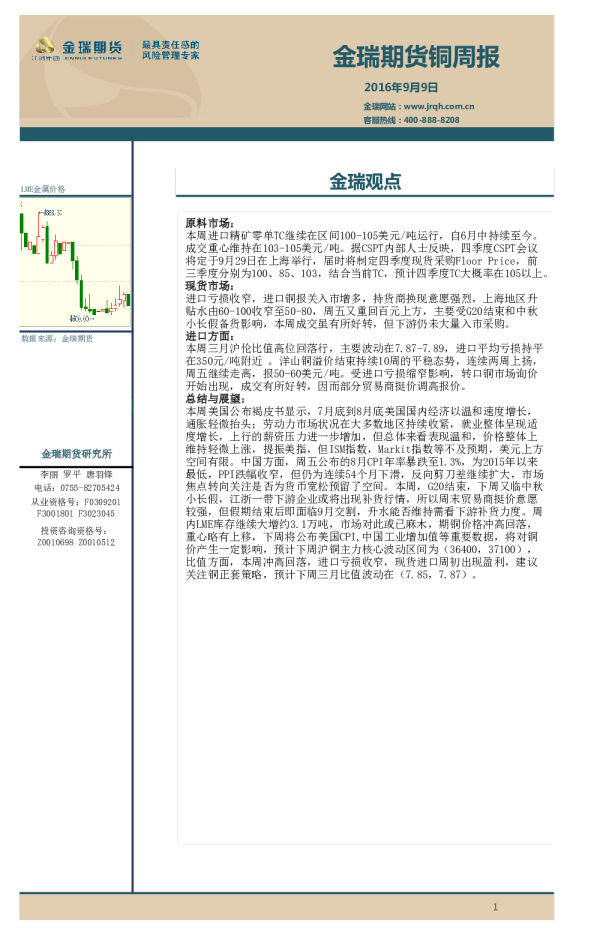 金瑞期货铜周报