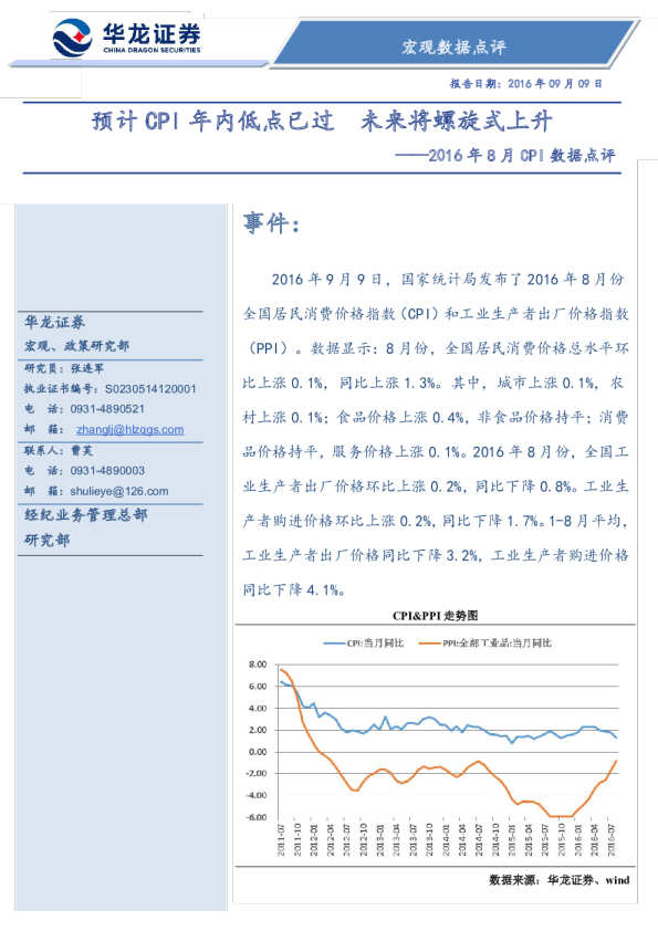 2016年8月CPI数据点评：预计CPI年内低点已过 未来将螺旋式上升