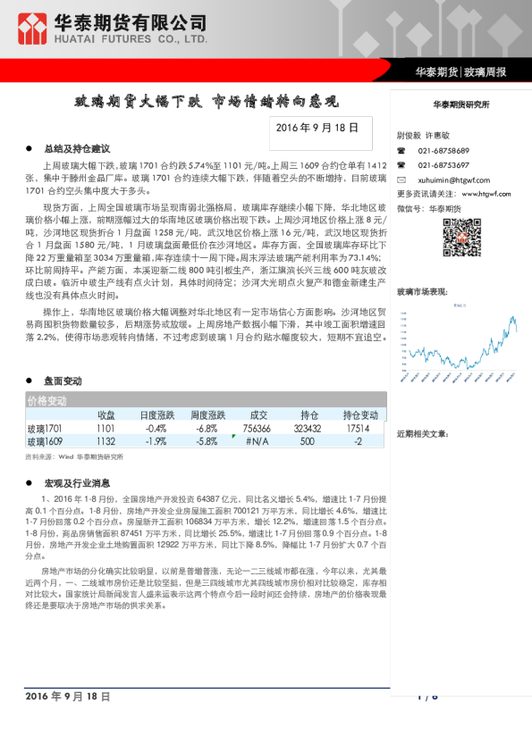 玻璃周报：玻璃期货大幅下跌 市场情绪转向悲观
