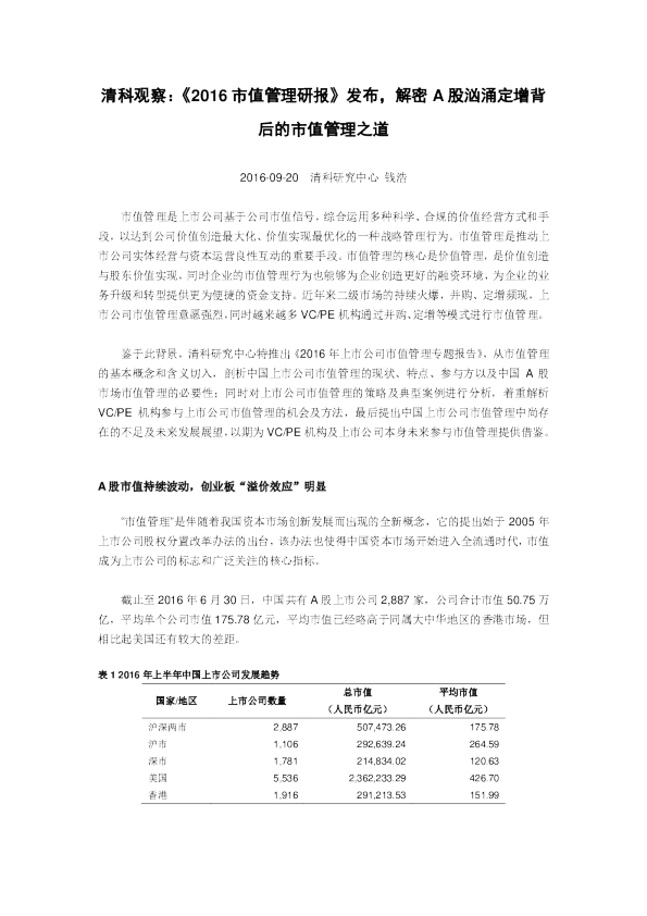 清科观察：《2016市值管理研报》发布，解密A股汹涌定增背后的市值管理之道