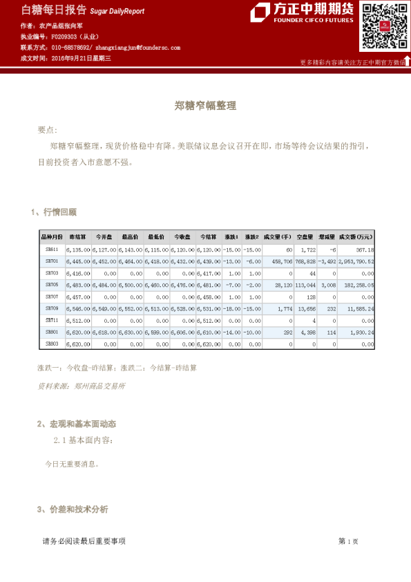 白糖每日报告：郑糖窄幅整理
