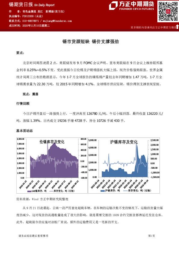 锡期货日报：锡市货源短缺 锡价支撑强劲