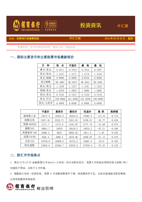 外汇日报：投资资讯外汇篇