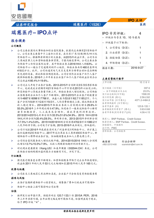 IPO点评：瑞慈医疗