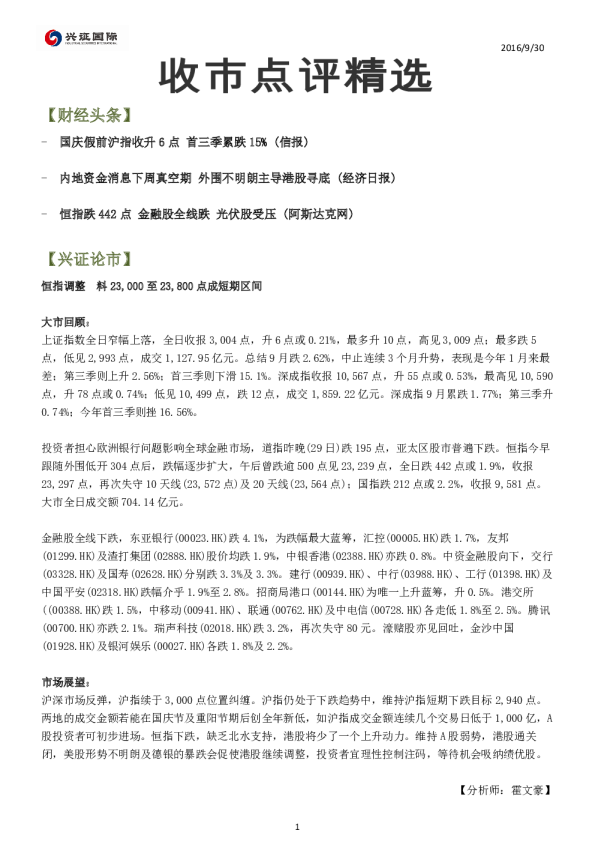 兴证(香港)金融收市点评精选