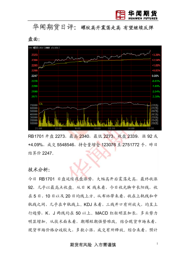 日评：螺纹高开震荡走高 有望继续反弹