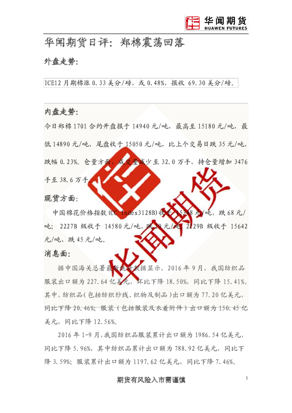 日评：郑棉震荡回落