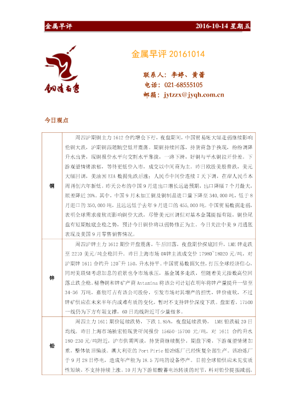 金源期货金属早评