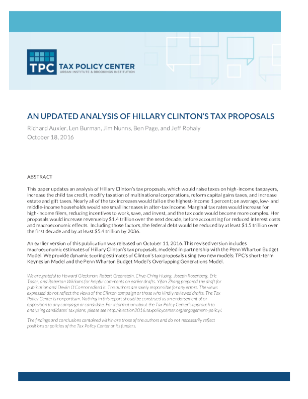Updated Analysis of Hillary Clinton's Tax Proposals
