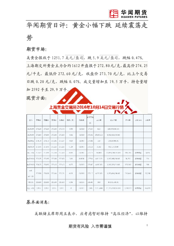 日评：黄金小幅下跌 延续震荡走势