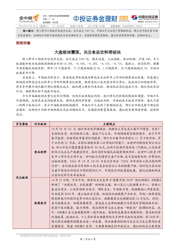 大盘维持震荡，关注食品饮料等板块