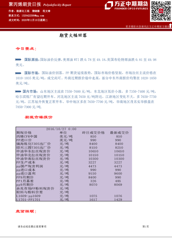 聚丙烯期货日报：期货大幅回落