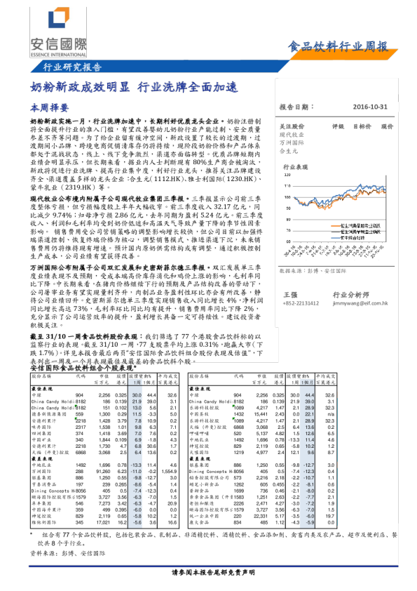 食品饮料行业周报：奶粉新政成效明显，行业洗牌全面加速