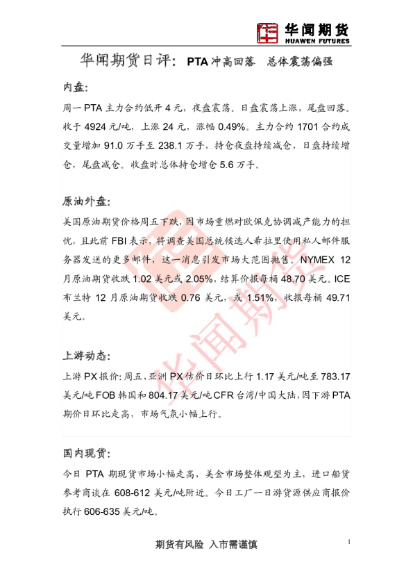 PTA冲高回落，总体震荡偏强