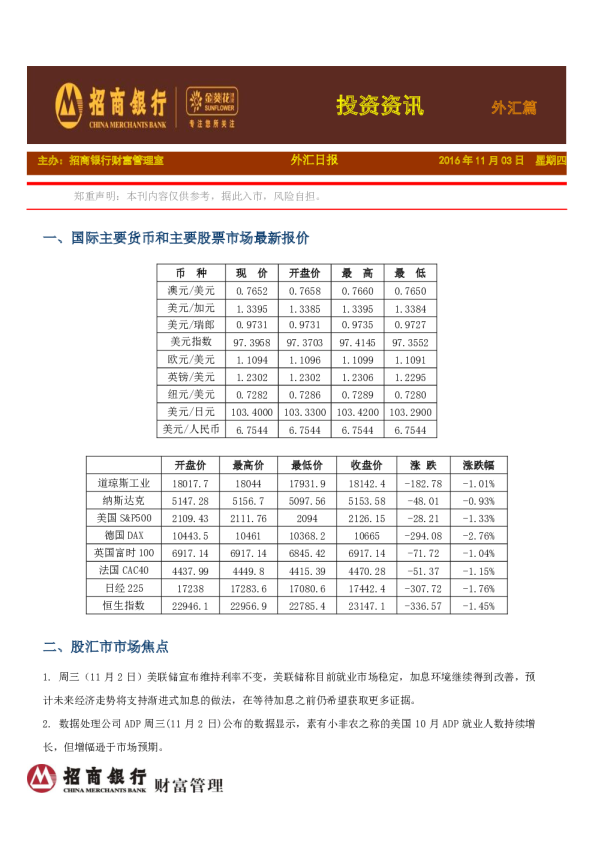 投资资讯外汇篇：外汇日报