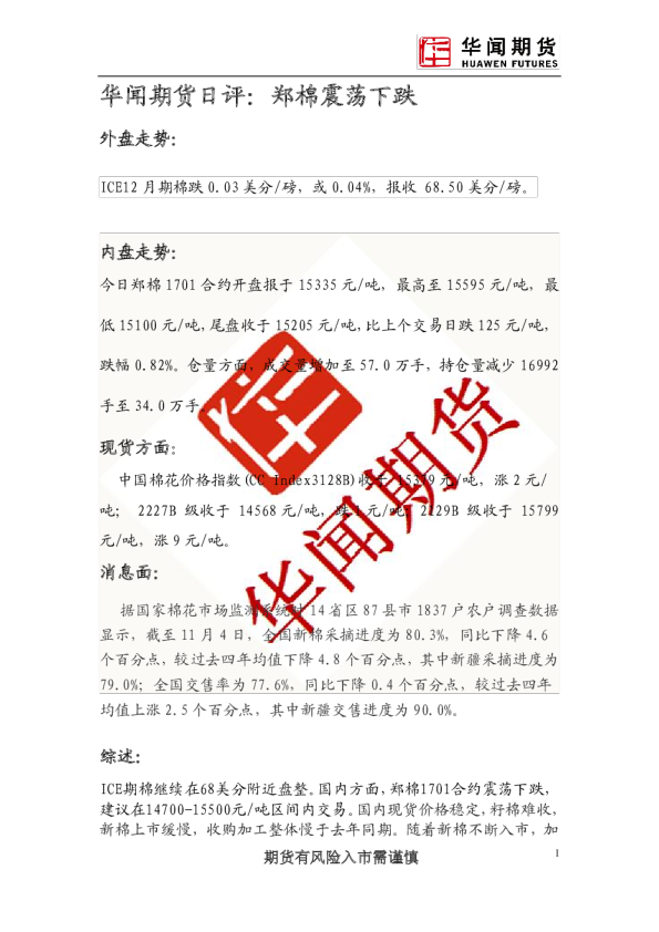 日评：郑棉震荡下跌