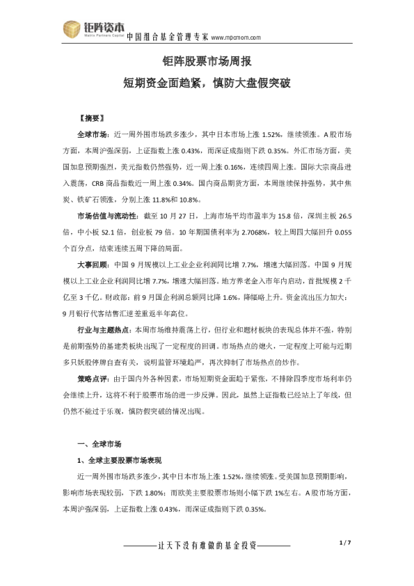 钜阵股票市场周报：短期资金面趋紧，慎防大盘假突破