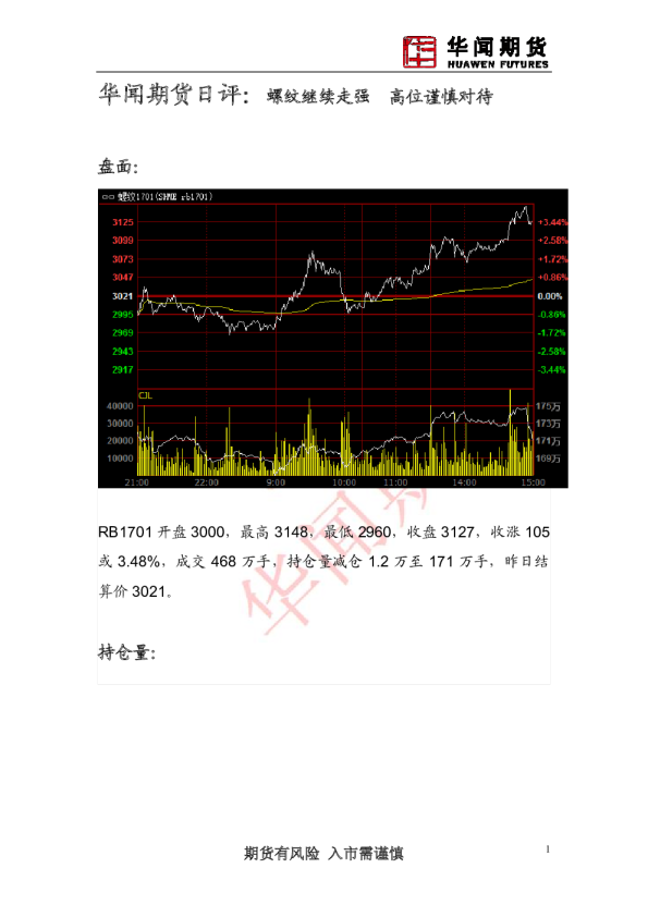 日评：螺纹继续走强 高位谨慎对待