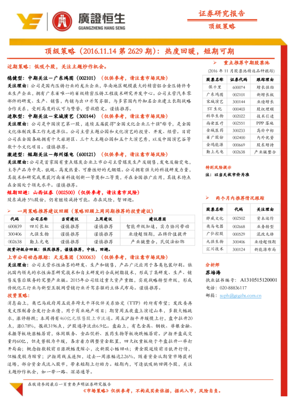 顶级策略（2016.11.14第2629期）热度回暖，短期可期