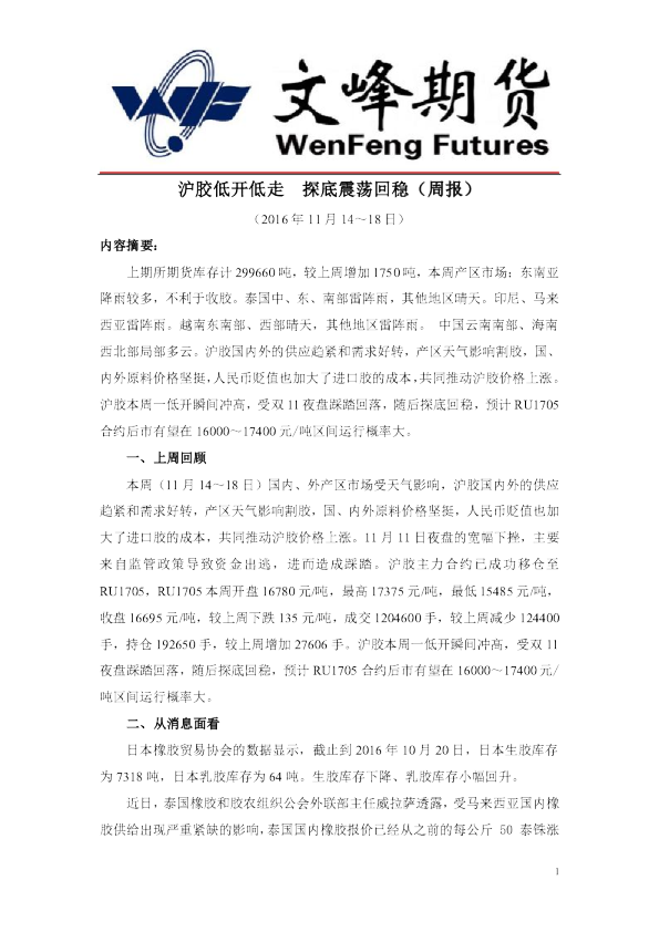 沪胶低开低走 探底震荡回稳（周报）