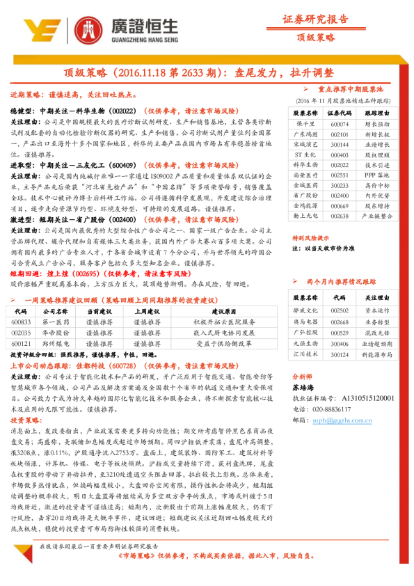 顶级策略（2016.11.18 第2633期）：盘尾发力，拉升调整