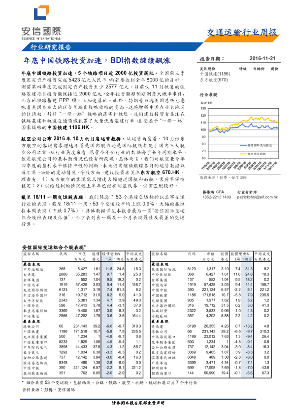 交通运输行业周报：年底中国铁路投资加速，BDI指数继续飙涨