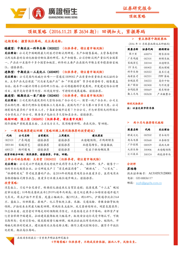 顶级策略（2016.11.21第2634期）：回调加大，紧握筹码