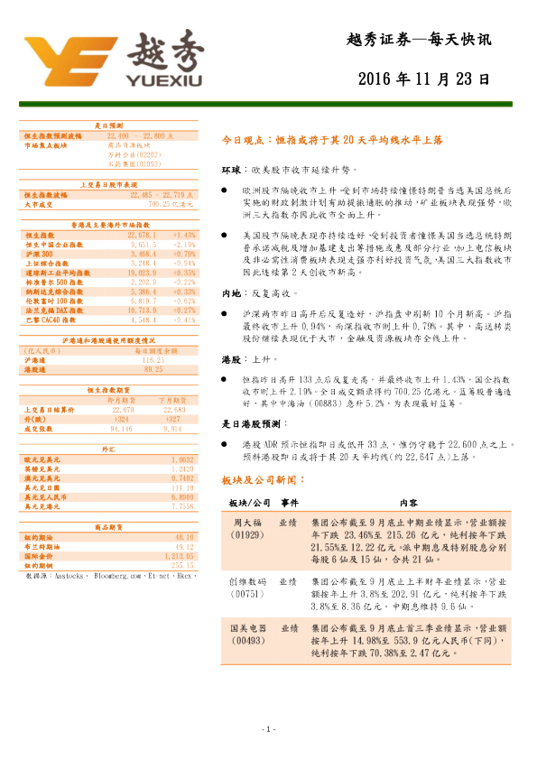 越秀证券每天快讯