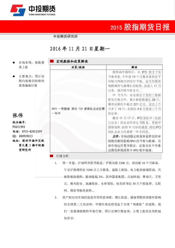 中投天琪期货股指期货日报